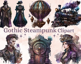 33 Watercolor Gothic Steampunk Clipart, Steampunk Ephemera, Dark Fairytale Fantasy Steampunk png bundle, Gothic Victorian PNG, Junk Journal