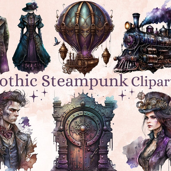 33 Watercolor Gothic Steampunk Clipart, Steampunk Ephemera, Dark Fairytale Fantasy Steampunk png bundle, Gothic Victorian PNG, Junk Journal