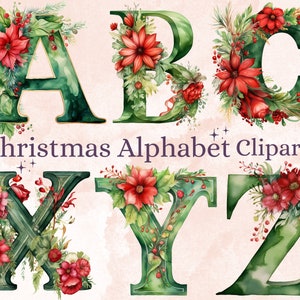 26 PNG aquarelle vert Noël Alphabet Clipart, Noël lettres Clip art, Noël police png, Noël Noel Floral Alphabet Sublimation