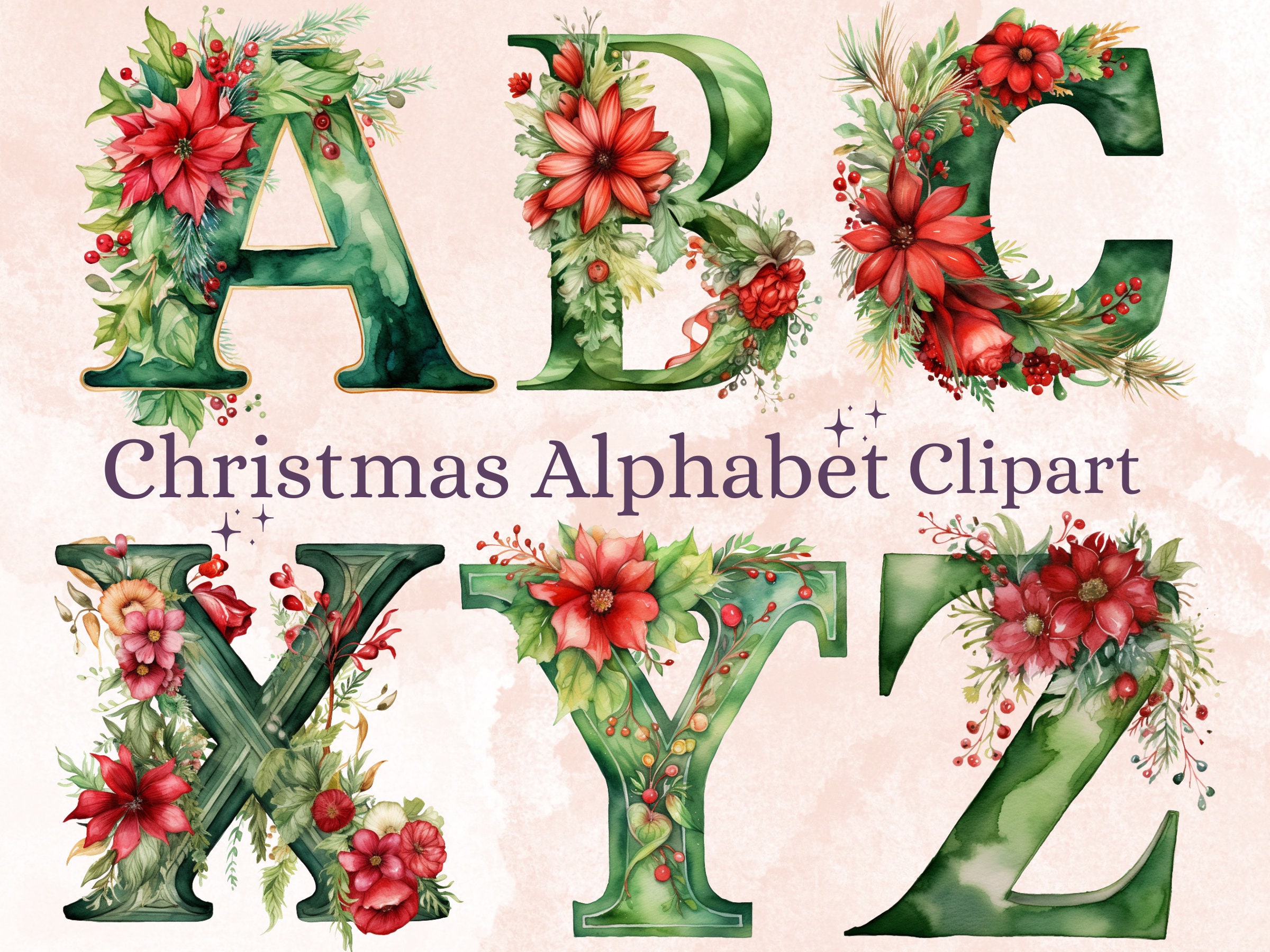 26 PNG Watercolour Green Christmas Alphabet Clipart (Instant