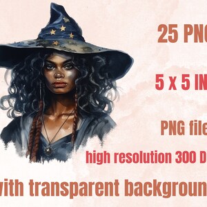25 PNG akvarell svarta flickor häxor clipart, häxkonst clipart, afro häxa clip art png, magisk clip art, afrikansk melanin svart kvinna PNG bild 3