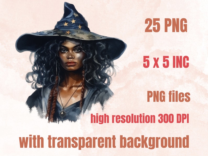 25 PNG akvarell svarta flickor häxor clipart, häxkonst clipart, afro häxa clip art png, magisk clip art, afrikansk melanin svart kvinna PNG bild 3