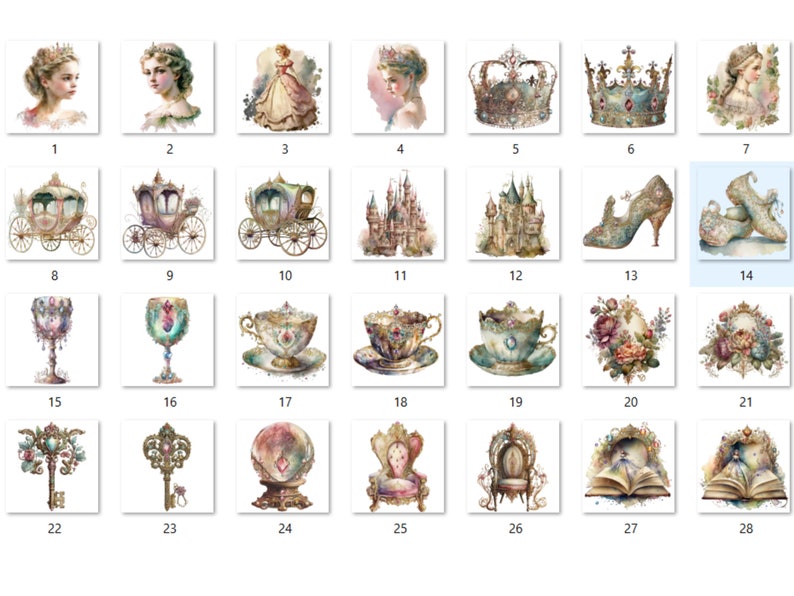 28 PNG Watercolor Vintage Princess Clipart, Princess Clip Art Watercolour Bundle, Princess Clipart PNG, Retro Princess PNG Image, Edwardian