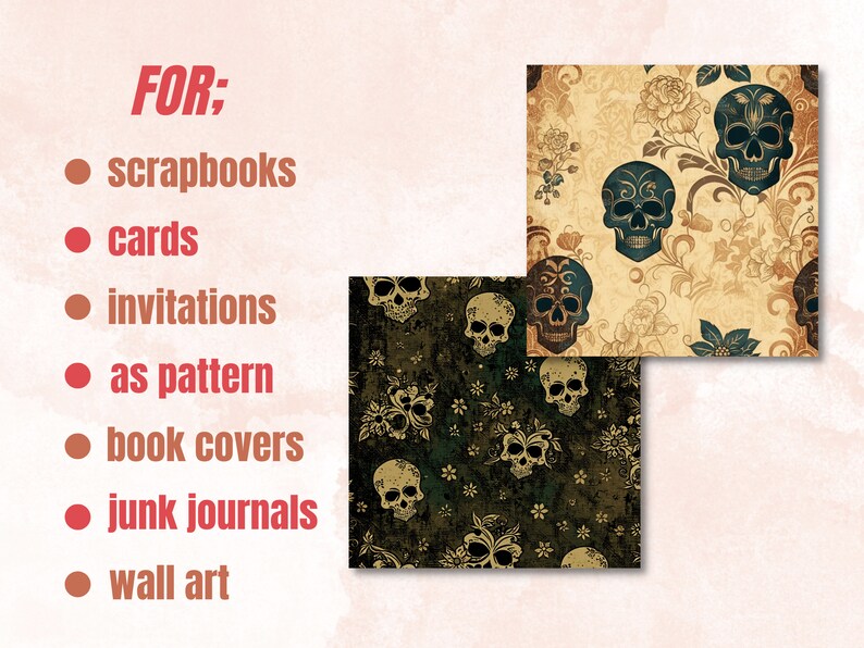 Vintage Floral Skull Digital Paper, Skull flowers digital paper pack, skeletons and vintage flowers for journal and scrapbooking pages pack