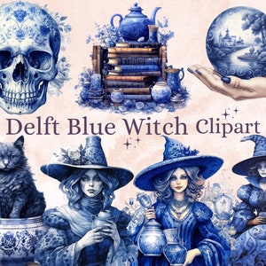 40 PNG Watercolour Delft Blue Witch Clipart, Witchcraft Clip art, witch clip art png, magic clip art, Halloween Witch Bundle, witchcraft png
