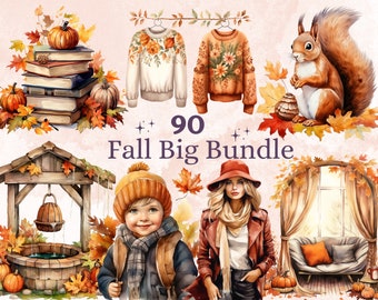 90 PNG Watercolor Fall Big Bundle Clipart, Rustic Autumn Illustrations Clip art, October Pumpkin Spice png, Cozy Fall Leaves Sublimation