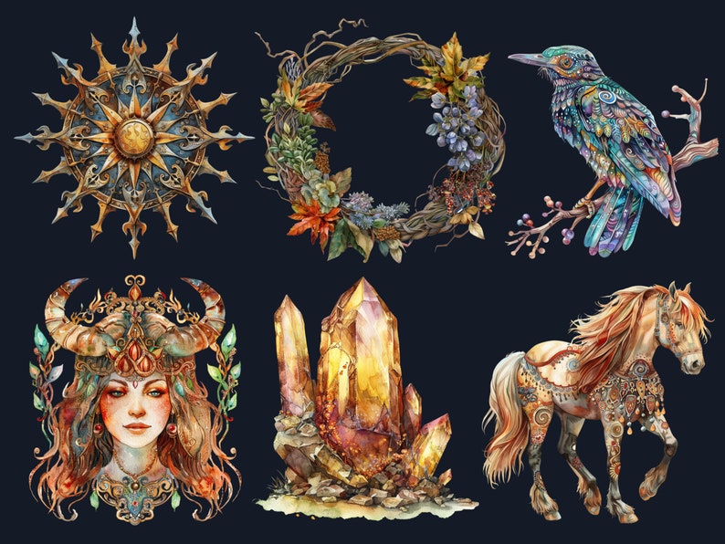 60 PNG Watercolor Litha Clipart, Floral Pagan Holiday Wiccan Art Illustrations Clip art, Summer Solstice png, Litha Sun Goddess Sublimation