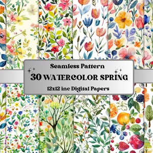 Seamless Watercolor Spring Digital Paper, Spring Botanical Seamless Pattern, Floral Tree Background, Spring Garden Pattern, Scrapbook Paper