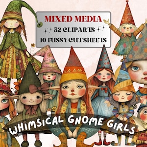 Skurrile Gnom Mädchen, Mixed Media Clipart, launisches Garten Mädchen, fussy geschnittenes Collage Sheet, schrullig ausgeschnittene Ephemera, Scrapbooking, Junk Journal