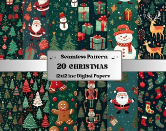 Seamless Christmas Digital Paper Pack, Winter Holiday Seamless Pattern, Christmas Festive Texture Background, Red and Green Scrapbook Papers