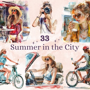 33 PNG Watercolor Summer City Clipart, Cozy Summer Girl Illustrations Clip art, Traveler Girl Png, Summer in the City Vacation Sublimation