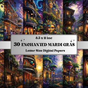 Puede incluir: 30 papeles digitales con ilustraciones coloridas de una celebración de Mardi Gras de ensueño en Nueva Orleans. Los papeles miden 8,5 x 11 pulgadas y son perfectos para manualidades, scrapbooking y otros proyectos creativos.
