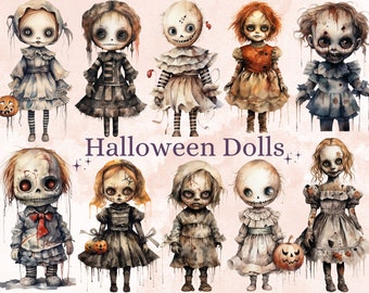 40 PNG Watercolor Halloween Spooky Dolls Clipart, Horror Halloween Illustrations Clip art, Cute Creepy Doll png, Gothic Scary Sublimation