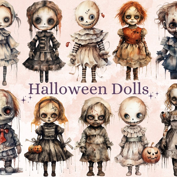 40 PNG Aquarell Halloween Spooky Dolls Clipart, Horror Halloween Illustrationen Clip Art, süße gruselige Puppe png, Gothic Scary Sublimation