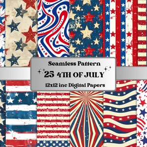 Papier numérique patriotique sans couture du 4 juillet, motif de la fête de l'indépendance de l'Amérique, motif grunge étoiles et rayures, drapeaux américains sans couture