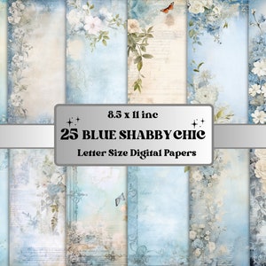 Pacchetto di carta blu shabby chic per diario spazzatura, kit effimero vintage shabby chic, carta per album romantica, pagine digitali stampabili con rose floreali