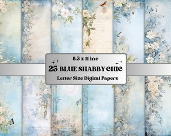 Blaues Shabby Chic Junk Journal Papier Pack, Vintage Shabby Chic Ephemera Kit, Romantisches Scrapbook Papier, druckbare Blumen Rosen Digitale Seiten