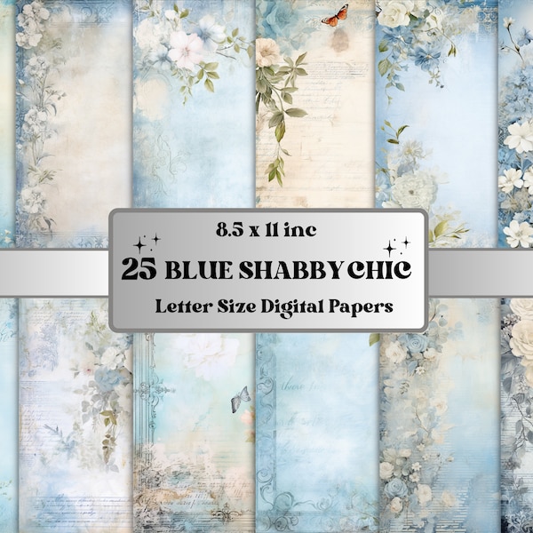 Blaues Shabby Chic Junk Journal Papier Pack, Vintage Shabby Chic Ephemera Kit, Romantisches Scrapbook Papier, druckbare Blumen Rosen Digitale Seiten