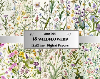 Spring Wildflowers Digital Paper, Spring Floral paper pack, floral journal and scrapbooking pages, Bright Meadow Flowers, Wildflower Cards