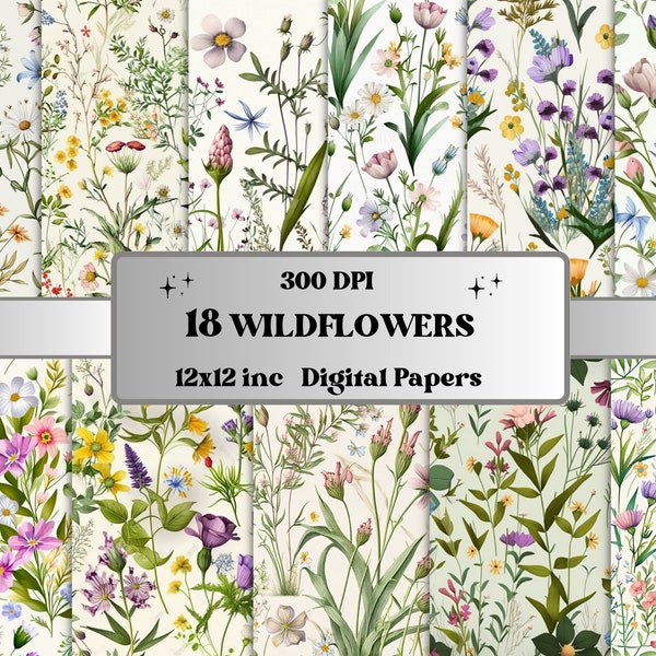 Spring Wildflowers Digital Paper, Spring Floral paper pack, floral journal and scrapbooking pages, Bright Meadow Flowers, Wildflower Cards