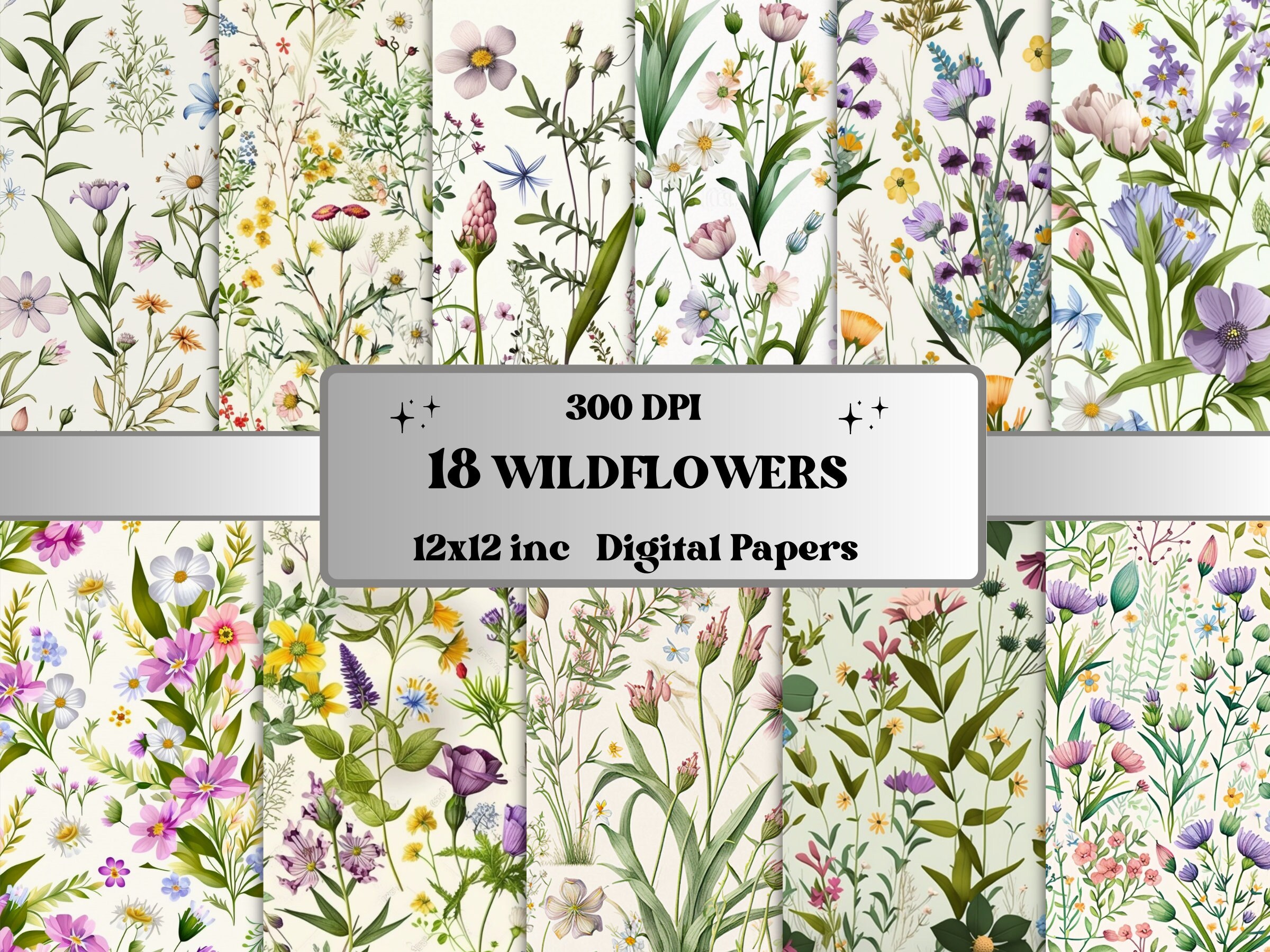Spring Vines Paper Spring Wildflowers Digital Paper, Spring Floral Paper Pack, Floral ...