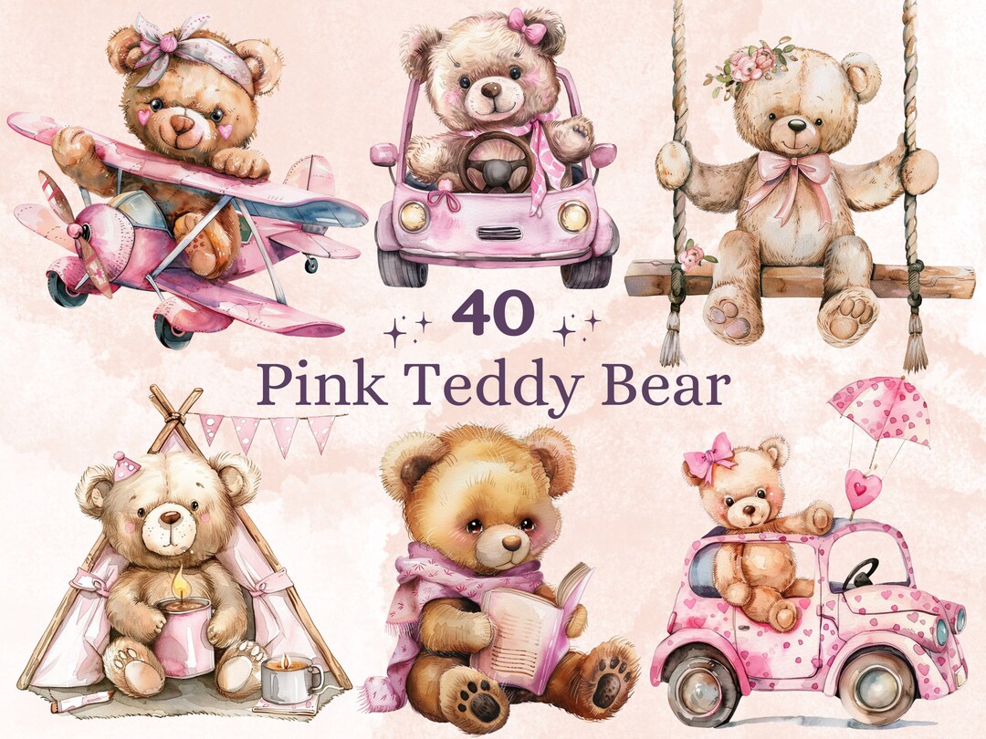40 PNG Watercolor Pink Teddy Bear Clipart, Baby Shower for a Girl ...