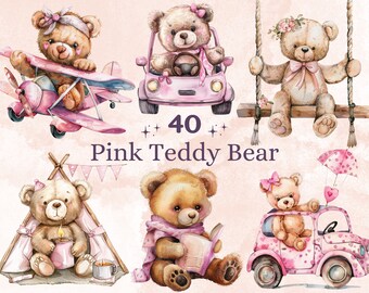 40 PNG Watercolor Pink Teddy Bear Clipart, Baby Shower For a Girl Illustration Clip art, Nursery Teddy png, Gender Reveal Party Sublimation