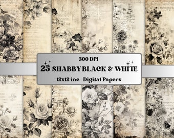 Kit de journal indésirable noir et blanc shabby chic, collage éphémère minable vintage, papier de scrapbooking romantique, carte numérique imprimable roses florales