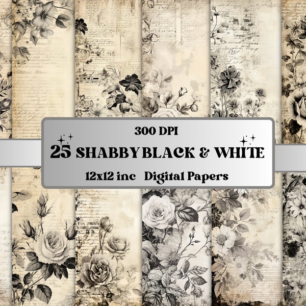 Black and White Shabby Chic Junk Journal Kit, Vintage Shabby Ephemera Collage, Romantic Scrapbook Paper, Printable Floral Roses Digital Card