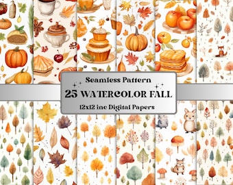Puede incluir: Una colección de 25 papeles digitales de acuarela con temática otoñal. Los diseños presentan calabazas, hojas, manzanas y criaturas del bosque en cálidos colores otoñales. El texto de la imagen dice "Seamless Pattern 25 Watercolor Fall 12x12 inc Digital Papers."