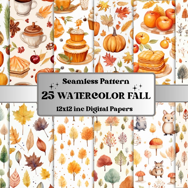 Seamless Watercolor Fall Digital Paper Pack, Cute Autumn Seamless Pattern, Fall Floral Autumn Leaves Background, Fantasy Scrapbook Papers