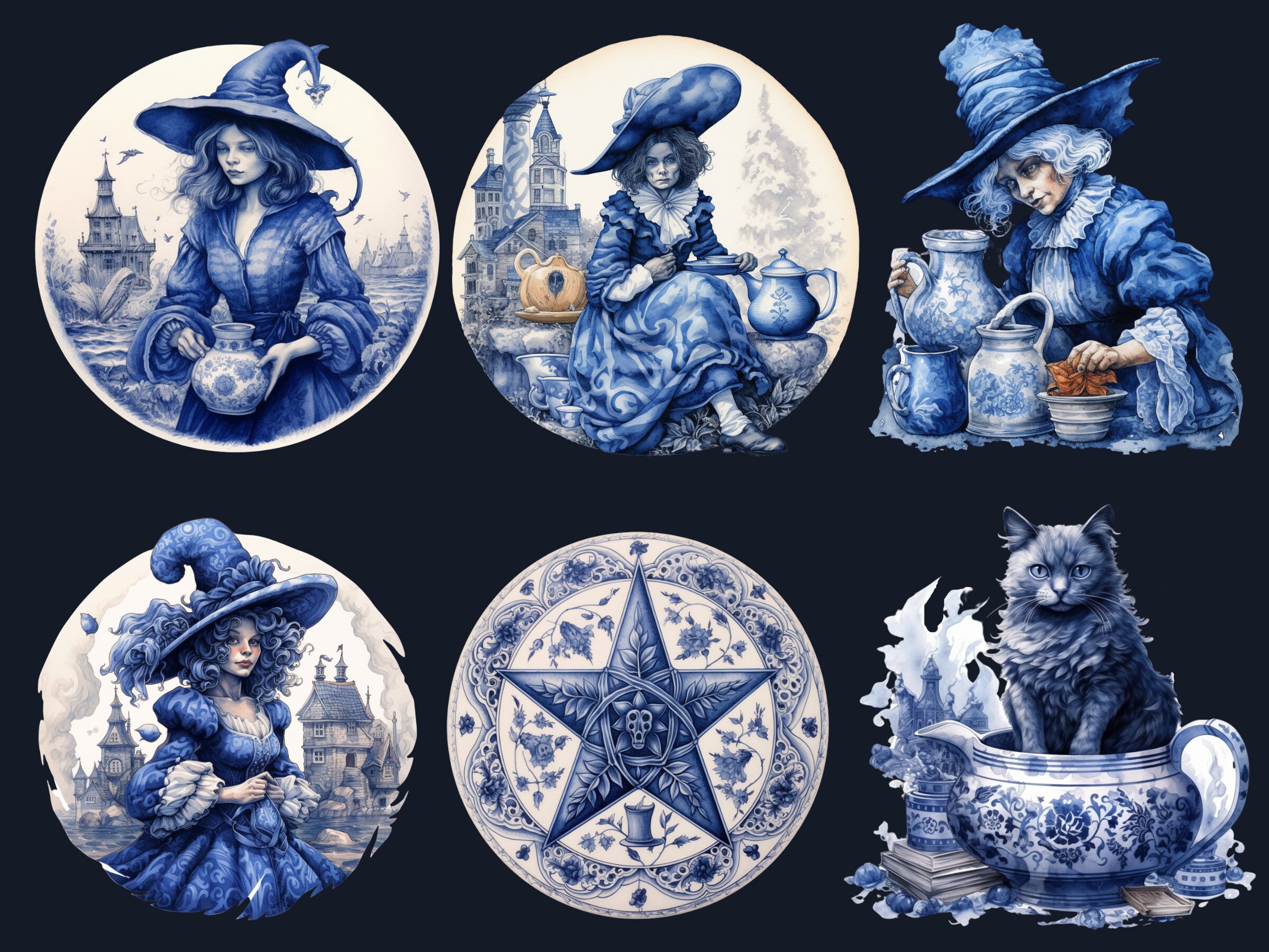 40 PNG Watercolour Delft Blue Witch Clipart, Witchcraft Clip Art, Witch ...