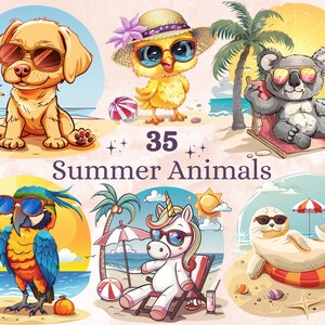 35 PNG Watercolor Cute Summer Animals Clipart, Tropical Summer Funny Animals Illustrations Clip art, Holiday Beach Vacation PNG Sublimation