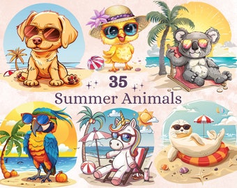 35 PNG Watercolor Cute Summer Animals Clipart, Tropical Summer Funny Animals Illustrations Clip art, Holiday Beach Vacation PNG Sublimation
