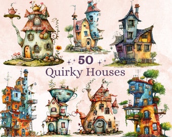 50 PNG Watercolor Quirky House Clipart, Whimsical Mushroom House Illustrations Clip art, Teapot Fairy House png, Cute Apartment Sublimation