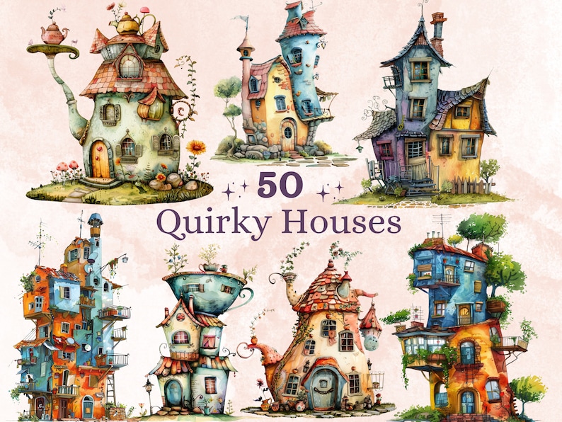 30 PNG Watercolor Quirky House Clipart, Whimsical Mushroom House Illustrations Clip art, Teapot Fairy House png, Cute Apartment Sublimation