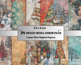 May include: A set of 24 digital papers featuring a mixed media Christmas theme. The papers include images of snowmen, Santa Claus, Christmas trees, and other festive elements. The papers are 8.5 x 11 inches and are perfect for scrapbooking, card making, and other craft projects.