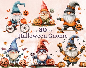 30 PNG Watercolor Cute Halloween Gnome Clipart, Funny Halloween Illustrations Clip art, Fall Garden Gnome png, Pumpkin Gnome Sublimation