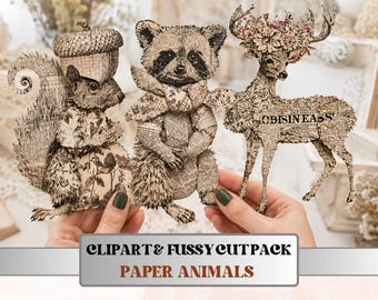 Paper Animals Fussy Cuts & Clipart, Printable Quirky Cut Outs, Animal Ephemera, Junk Journal Scrapbook Kit, Whimsical Paper Craft