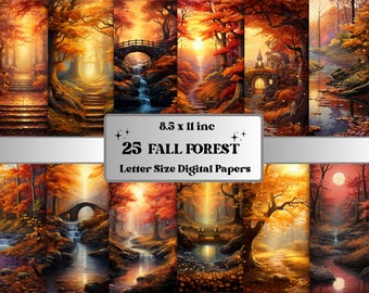 Printable Fall Forest Digital Paper, Enchanted Autumn Forest Background, Fall Scenes Pages, Download Junk Journal, Scrapbooking, Card Making