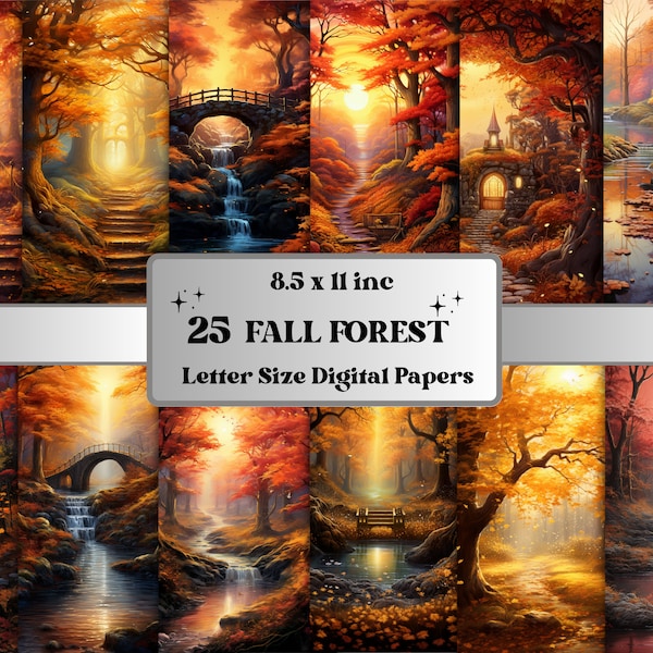 Printable Fall Forest Digital Paper, Enchanted Autumn Forest Background, Fall Scenes Pages, Download Junk Journal, Scrapbooking, Card Making