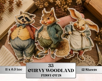 Curvy Woodland Fussy Cut Printable, 35 Quirky Forest Animals Cutouts, Cottagecore Ephemera Junk Journal Scrapbook Sheets