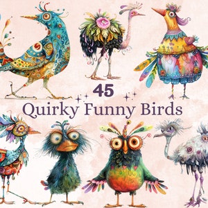 45 PNG Acuarela Pájaros extravagantes Clipart, Ilustraciones extravagantes de pájaros locos Clip art, Emociones de pájaros de dibujos animados divertidos png, Sublimación peculiar