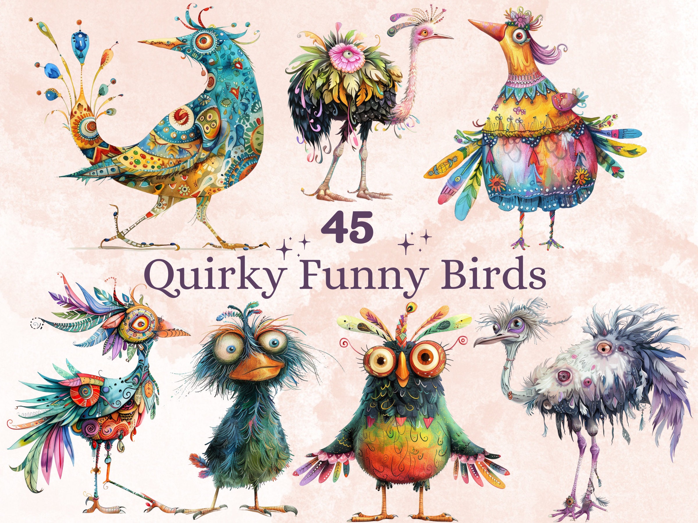45 PNG Watercolor Quirky Birds Clipart, Whimsical Crazy Birds Illustrations Clip art, Funny Cartoon Bird Emotions png, Quirky Sublimation