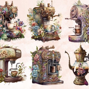 22 PNG Watercolor Coffee Time Clipart, Coffee Clip Art, Coffee Shop Clipart Bundle, Vintage coffee pots, Floral Coffee mugs and cups png set
