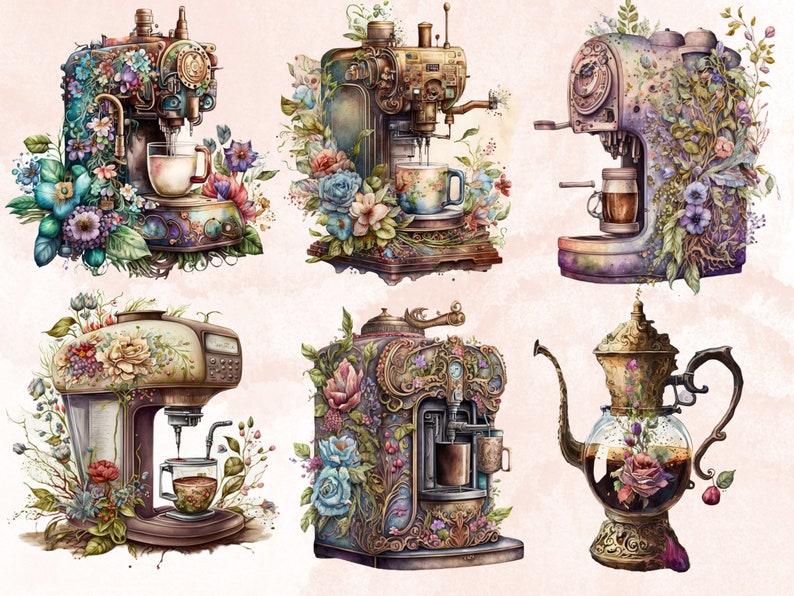 22 PNG Watercolor Coffee Time Clipart, Coffee Clip Art, Coffee Shop Clipart Bundle, Vintage coffee pots, Floral Coffee mugs and cups png set
