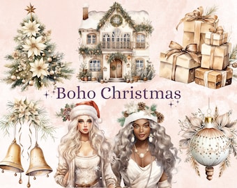 45 PNG 水彩ボヘミアン クリスマス バンドル クリップアート、居心地の良い素朴なクリスマス イラスト クリップアート、ボヘミアン ウィンター ホリデー png、クリスマス ノエル オーナメント