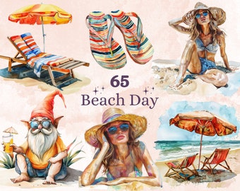 65 PNG Watercolor Beach Day Clipart, Summer Girl Vacation Illustrations Clip art, Tropical Beach Holiday Png, Boho Summer Travel Sublimation