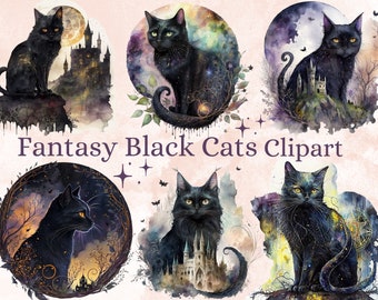 May include: A digital clipart set featuring six black cats in various fantasy settings. Each cat is depicted with a unique pose and expression, surrounded by elements like castles, moons, and stars. The artwork is rendered in a watercolor style with vibrant colors and intricate details.