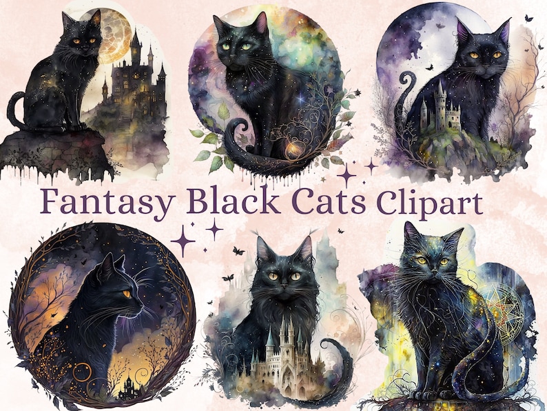 16 PNG Watercolor Fantasy Black Cats Clipart, Black Cat Clip Art, Celestial Black Cat Clipart, Magical clipart, Witchcraft Bundle, pagan png